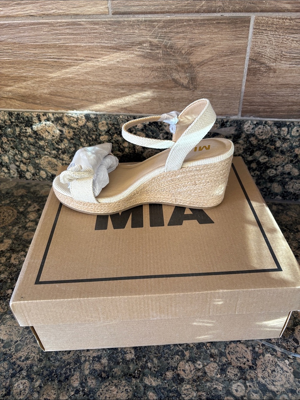 MIA Cream Wedge Sandal with Knotted Toe and Ankle Strap